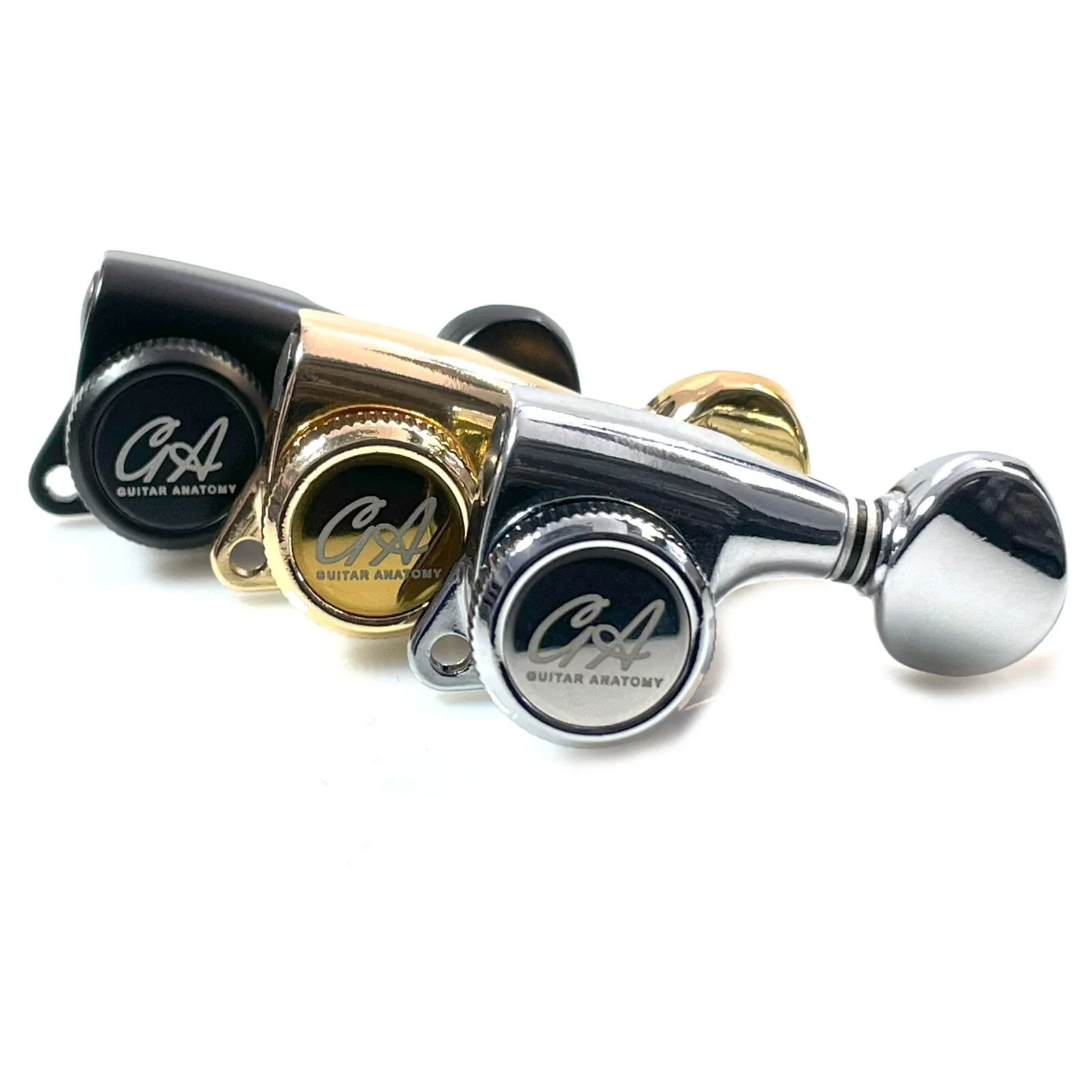 Chrome, gold and black Guitar Anatomy locking tuner options