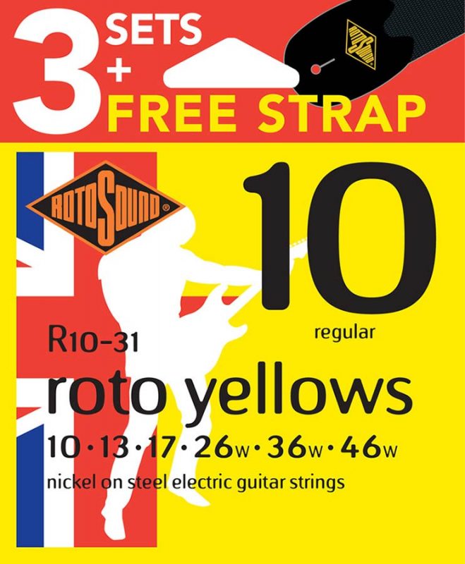 Yellow R10 ROTOSOUND 3 Pack R10 Yellows 10-46 with Free Strap Regular | Guitar Anatomy