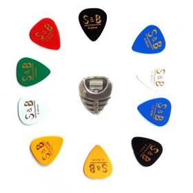 10x High Quality ABS Coloured Guitar Picks Plectrums S&B Mixed Set Acoustic Electric with Pick Holder