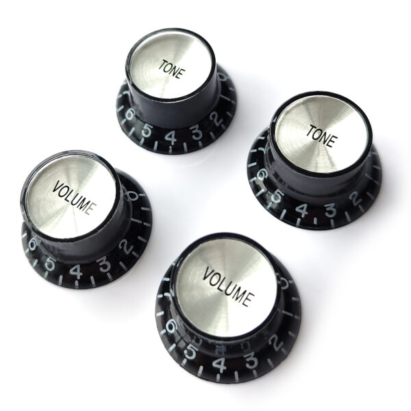 Left Handed Top Hat Bell Reflector Knobs – Black Silver | Guitar Anatomy
