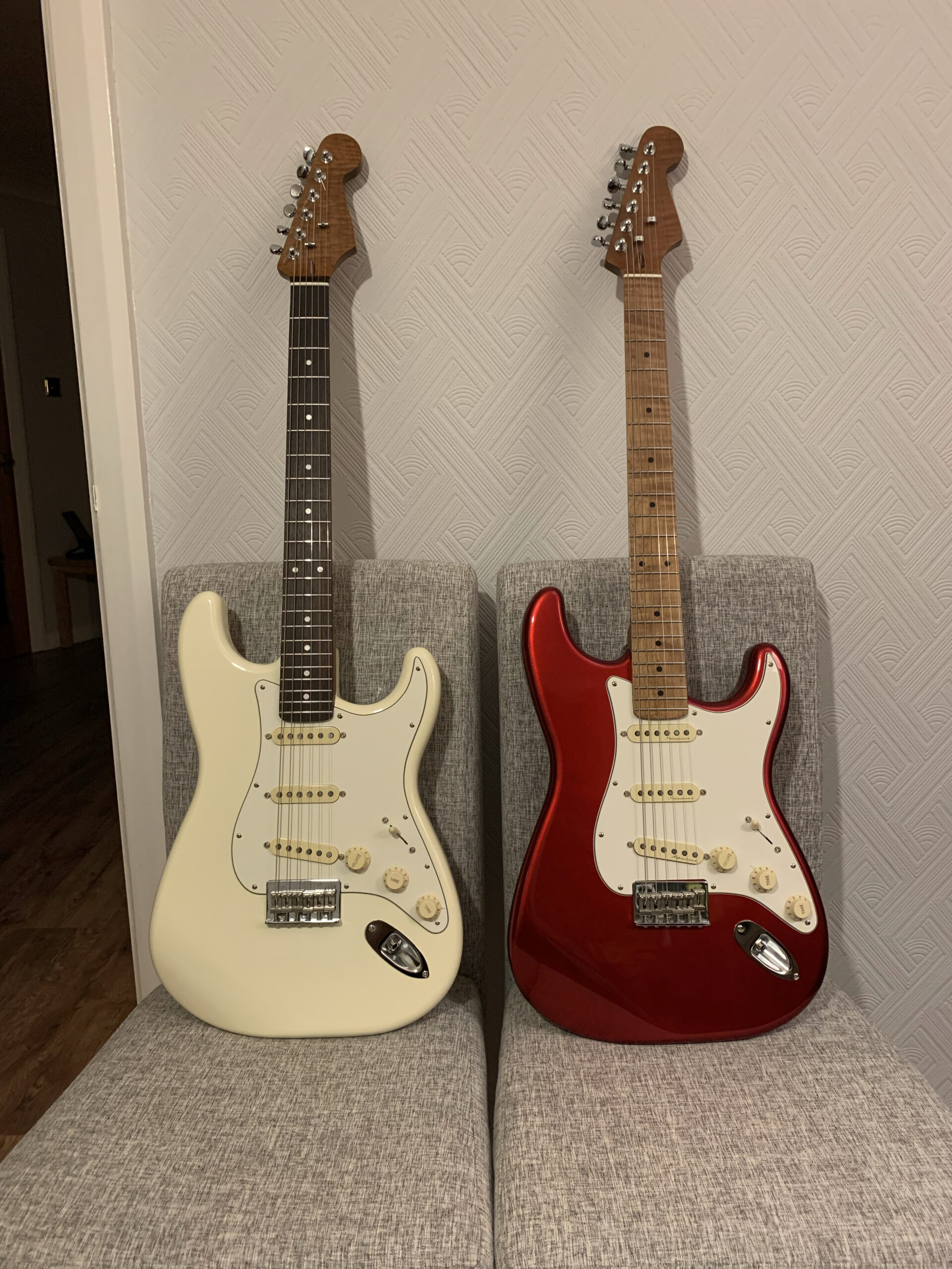 John's Strat's, both built with GA pro-series roasted flame maple necks! Lucy on the left with nice vintage voiced smooth pickups. Lucifer on the right with the hot noiseless pickups. Great builds!