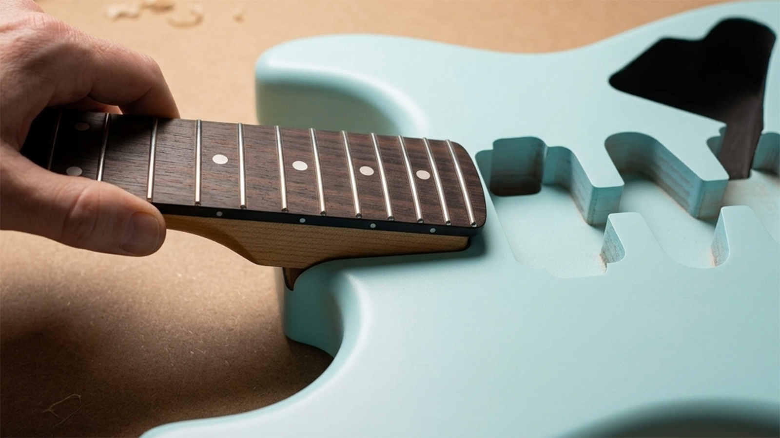 Guitar neck heel fitment close-up showing neck pocket compatibility