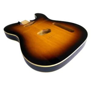 Angled view of Telecaster body in tobacco burst with cream binding