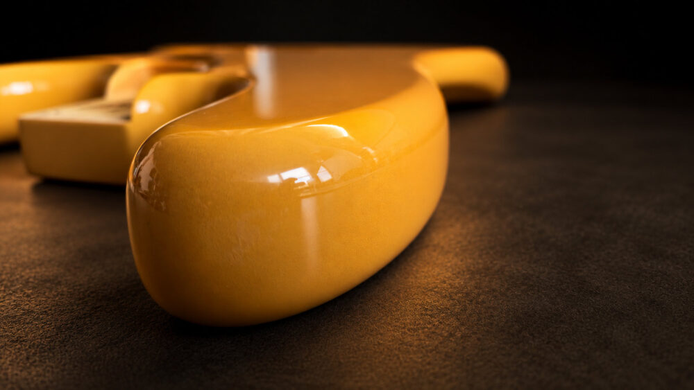 Close-up of a gloss polyurethane guitar body finish