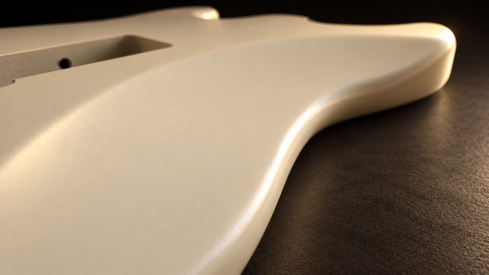 Close-up of a satin nitro guitar body finish